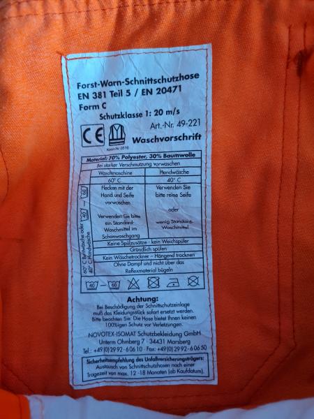 Schnittschutz Latzhose Forsthose Schutzhose Forstschutzhose orange THW gebr.